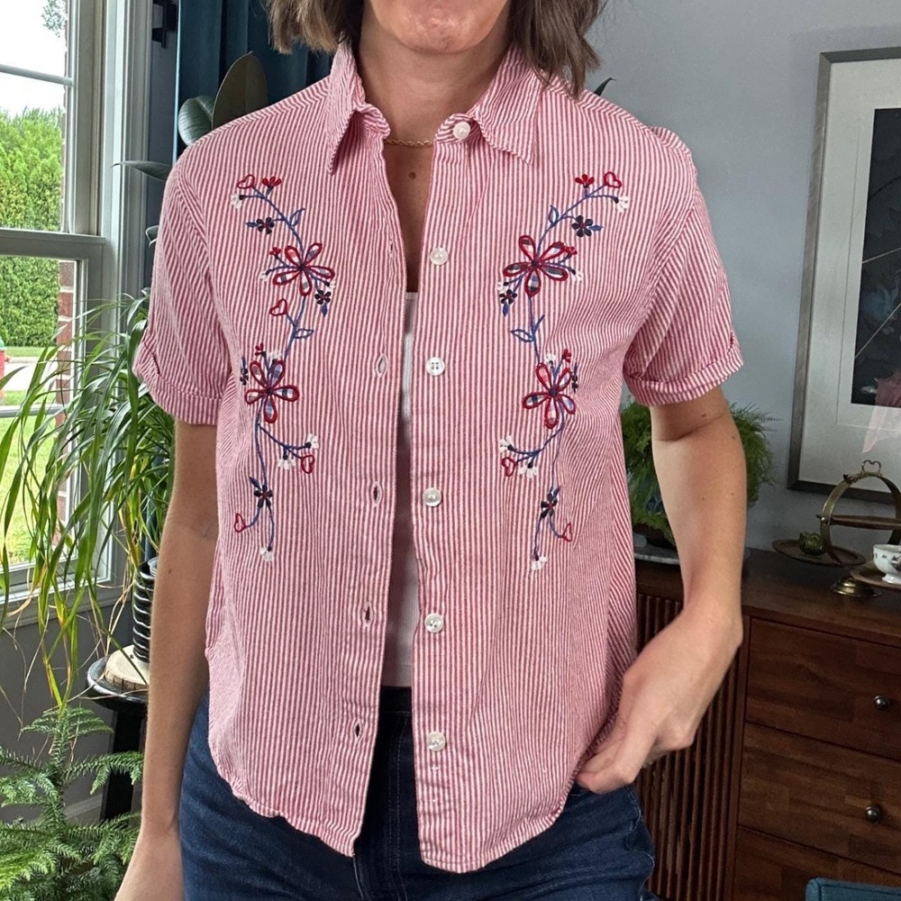 Red White Striped Floral Embroidered Cotton Button Down Shirt Cottage Grandma S